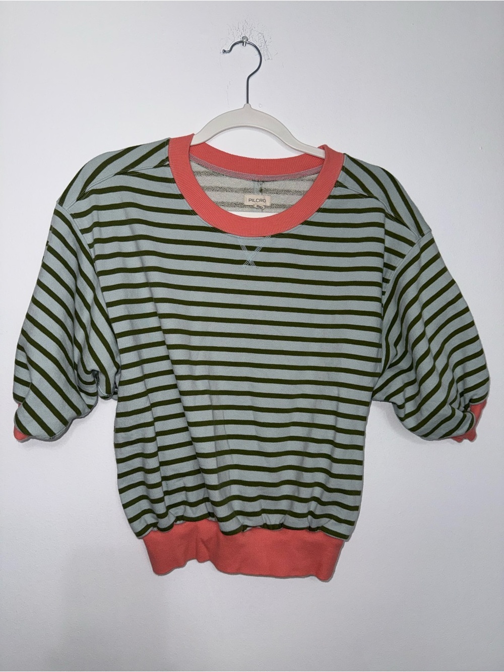 Pilcro Pastel Striped Knit Top in Mint & Coral Trim